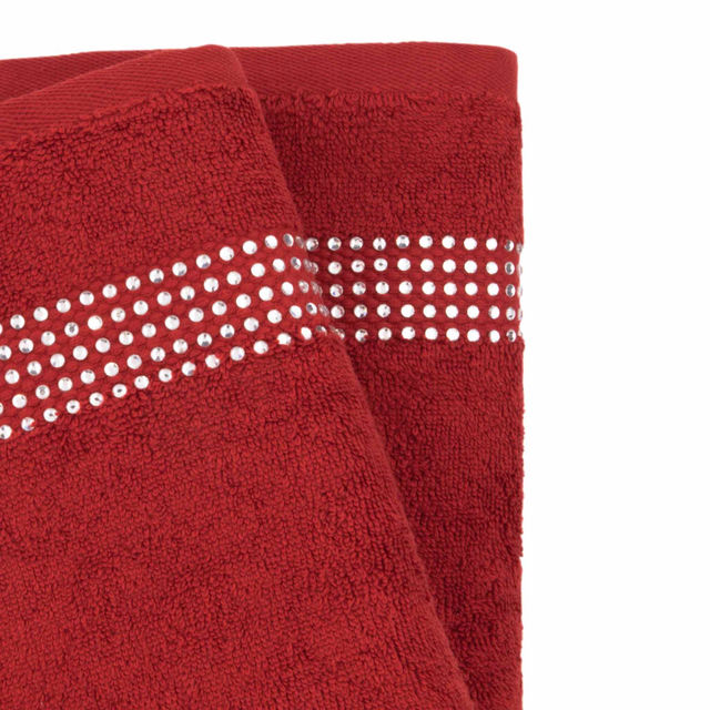 Set of two hand towels in black and white terry cotton with rhinestone border embellishments.