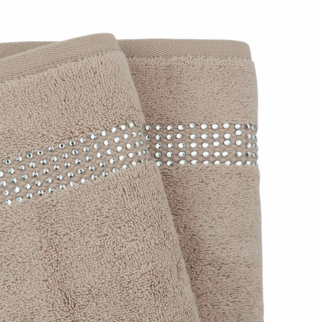 Set of two hand towels in black and white terry cotton with rhinestone border embellishments.