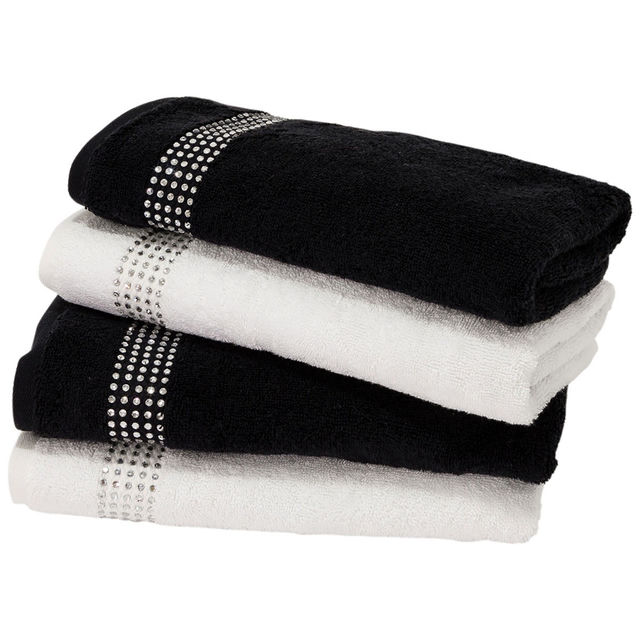 Set of two hand towels in black and white terry cotton with rhinestone border embellishments.