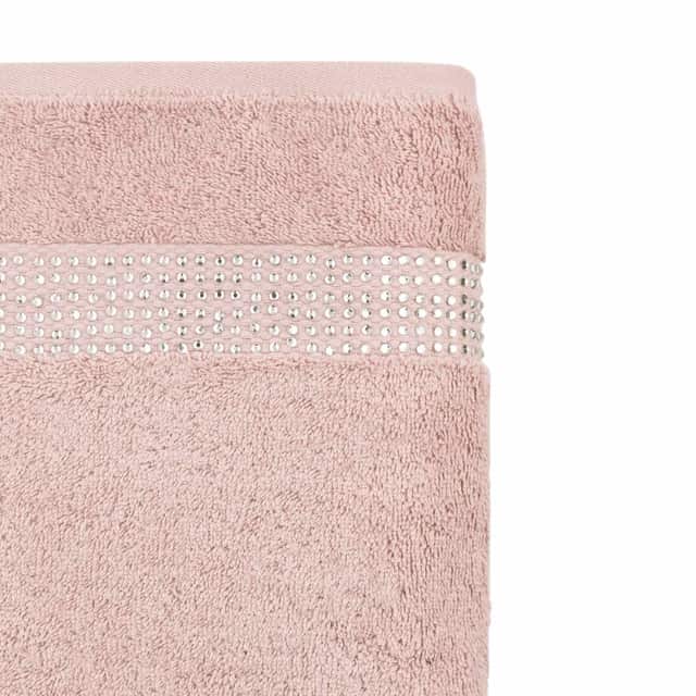 Black stripe bath towel with plush terry texture and a horizontal band of sparkling glass rhinestones