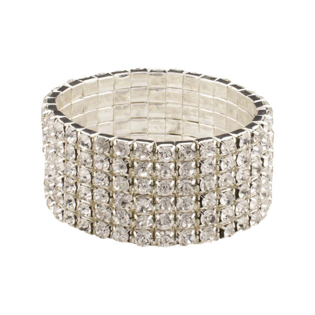 Set of 4 gold elastic napkin rings adorned with clear glass rhinestones in a grid pattern.