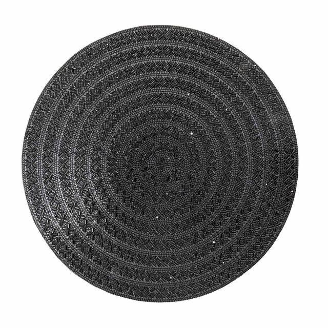 Round placemat with a textured gold resin surface featuring a sparkling rhinestone design and protective felt backing. Round placemat with a textured gold resin surface featuring a sparkling rhinestone design and protective felt backing.