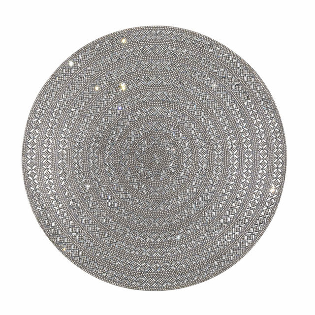 Round charcoal placemat with a textured pattern embellished with sparkling rhinestones made of durable resin with felt backing.