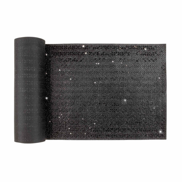 Silver table runner featuring glass rhinestones in an X-pattern with a textured fabric surface. Silver table runner featuring glass rhinestones in an X-pattern with a textured fabric surface.