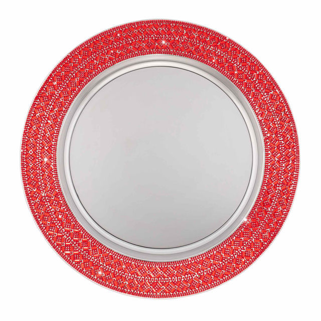 A 13" round stainless steel charger plate with a shiny silver center and a crisscross rhinestone pattern around the edge.