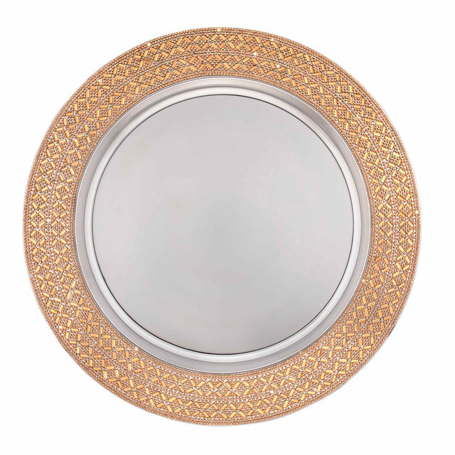 A 13" round stainless steel charger plate with a shiny silver center and a crisscross rhinestone pattern around the edge.