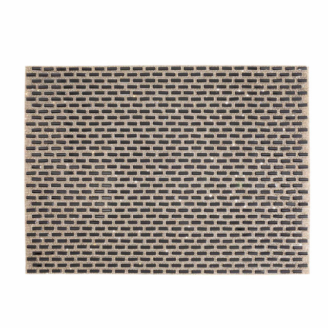 Silver placemat with a subway tile design adorned with glass stones featuring a felt backing and a textured surface. Silver placemat with a subway tile design adorned with glass stones featuring a felt backing and a textured surface.