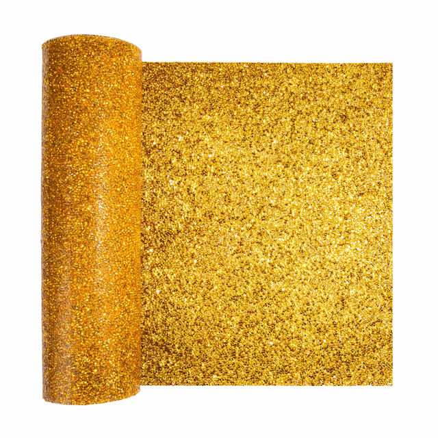 Gold glitter table runner with a wavy edge featuring a sparkling textured surface and a shimmering finish.