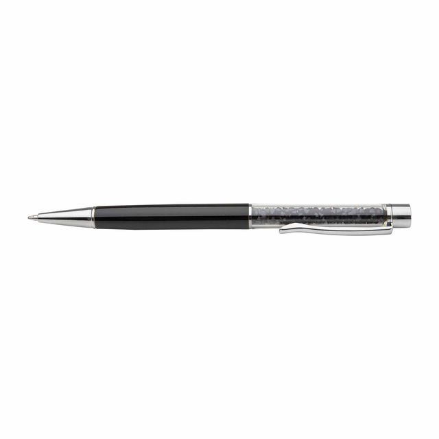 A sleek black pen with a glass rhinestone-accented barrel and chrome details measuring 5.5 inches long and 0.5 inches wide.
