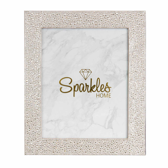A rectangular silver picture frame embellished with glass rhinestones featuring a marble-patterned background and gold text.