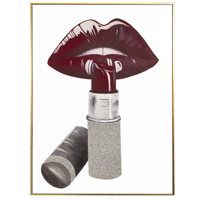 Hand-painted deep burgundy lips with a glossy finish silver metallic lipstick tube and textured silver glitter base in a gold frame.
