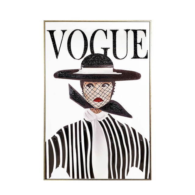 Black and white striped fashion illustration with a wide-brimmed hat red lips and a gold frame embellished with rhinestones.