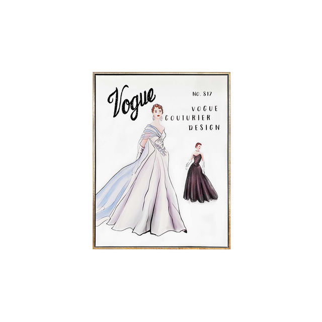 Fashion illustration featuring two gowns: one in white with a blue train and one in black on a white background with gold frame.