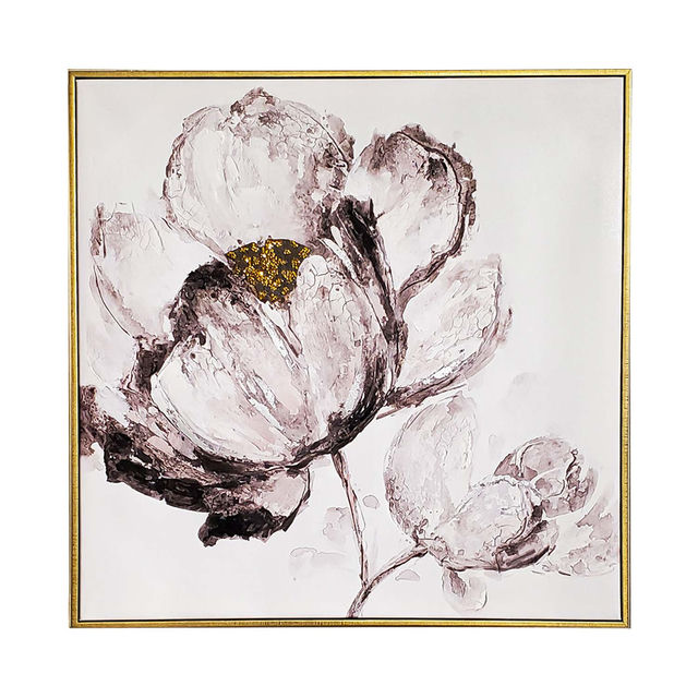 Framed canvas artwork featuring large black and white flowers with gold accents and textured petals on a white background.