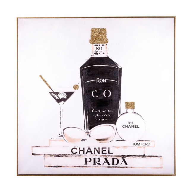 Acrylic wall art featuring a black bottle martini glass and perfume with gold accents on a white background in a metallic frame. Acrylic wall art featuring a black bottle martini glass and perfume with gold accents on a white background in a metallic frame.