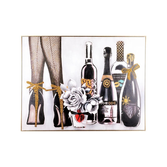 Black stiletto heels with gold bows fishnet stockings white and gray roses in a red vase and several wine bottles with embellishments.