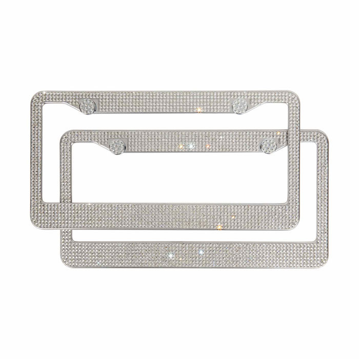 Two silver stainless steel license plate frames adorned with clear glass rhinestones featuring a textured surface and rounded corners.