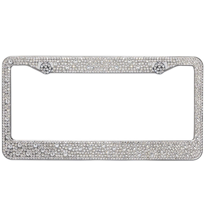 Silver license plate frame adorned with clear rhinestones featuring a rectangular shape and smooth edges.