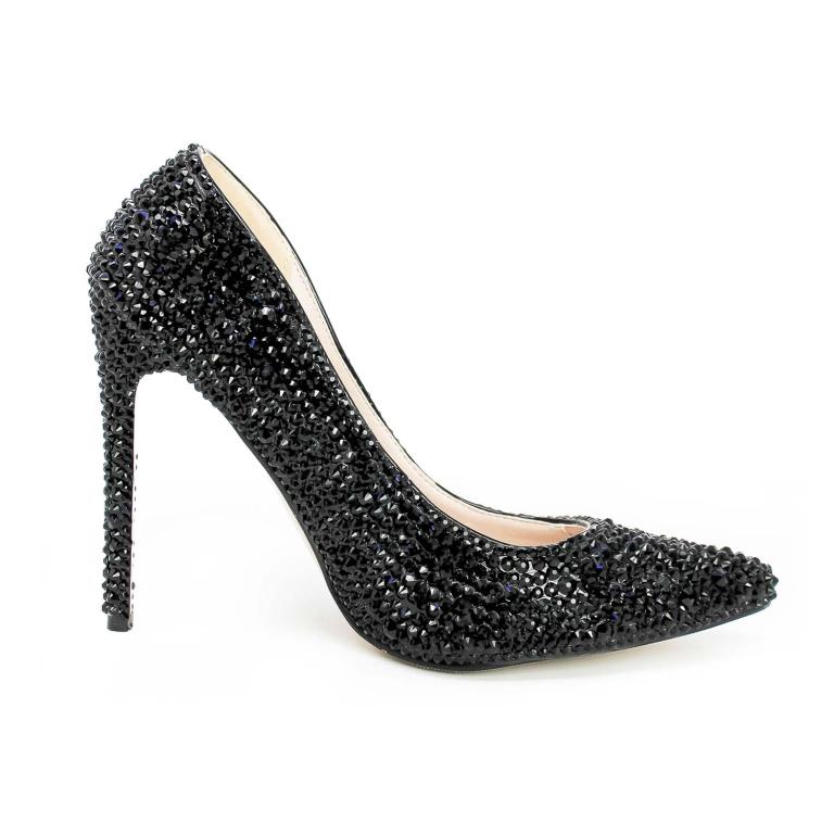 Black high-heeled pump covered in black glass rhinestones with a pointed toe and rubberized sole.
