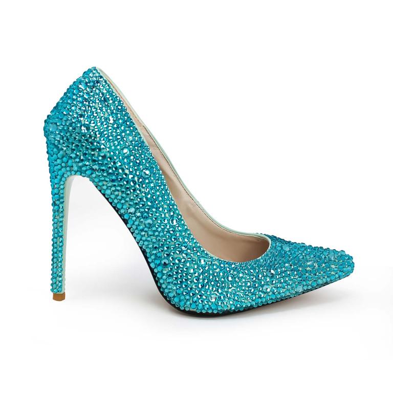 Aqua high-heeled shoe covered in shimmering rhinestones with a pointed toe and a sleek stiletto heel.