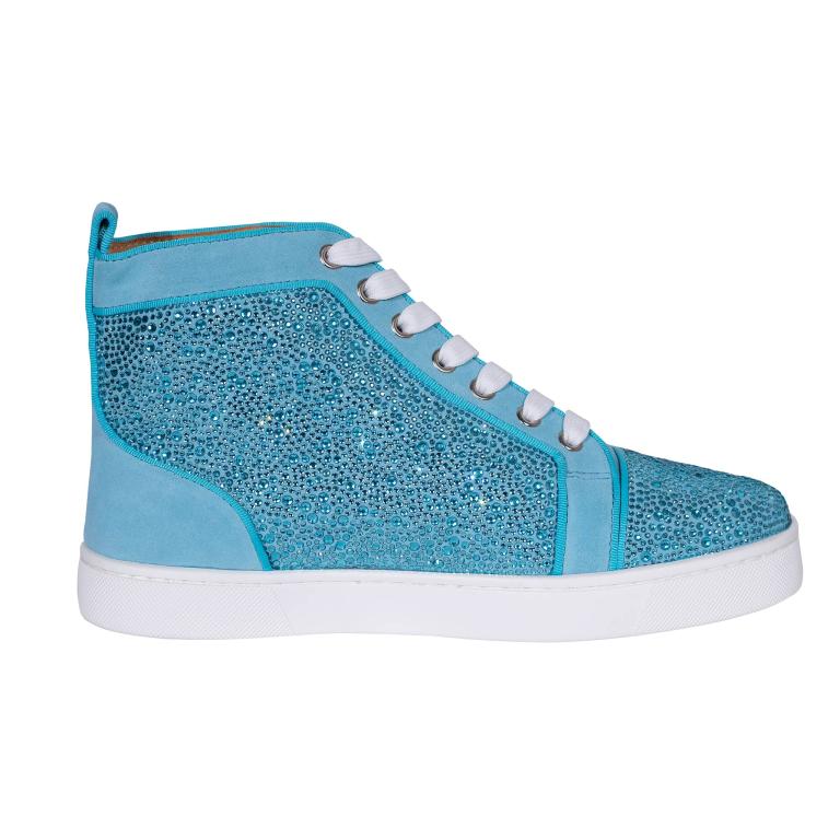 Aqua&#x20;high-top&#x20;sneakers&#x20;made&#x20;of&#x20;leather&#x20;and&#x20;suede&#x20;embellished&#x20;with&#x20;glass&#x20;rhinestones&#x20;and&#x20;a&#x20;white&#x20;rubber&#x20;sole.