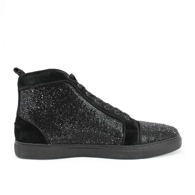 Black high-top sneakers made of leather and suede embellished with glass rhinestones featuring a textured surface and rubber sole.