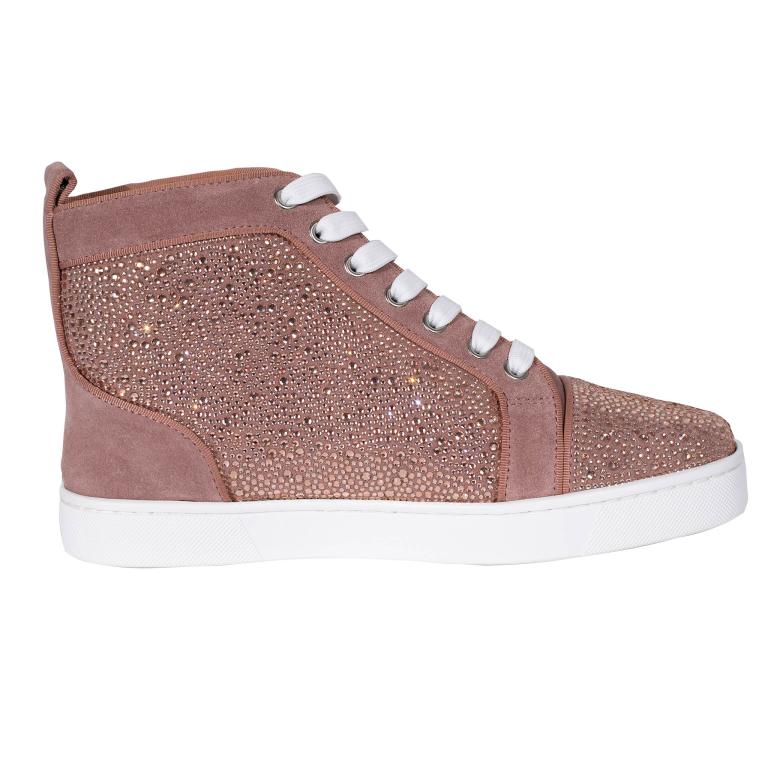 High-top sneakers in soft pink suede and leather embellished with glass rhinestones featuring white laces and a rubber sole.