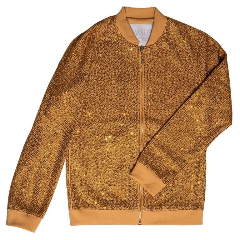 Bronze bomber jacket covered in glass rhinestones with a smooth cotton blend exterior and ribbed cuffs and collar.