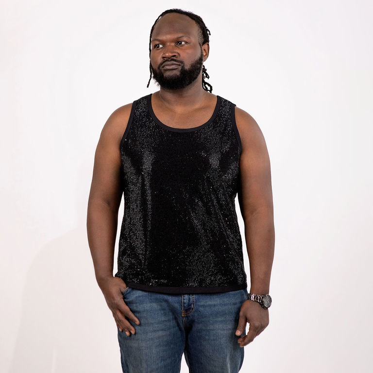 Black tank top made of cotton blend embellished with glass rhinestones featuring a straight-fit design and wide straps.