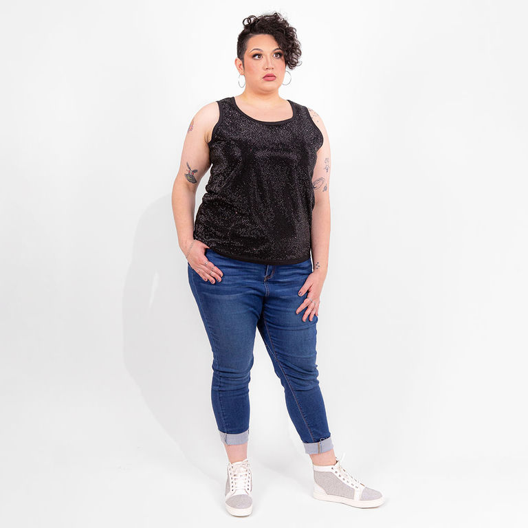Black tank top made of cotton blend embellished with glass rhinestones featuring a straight-fit design and wide straps.