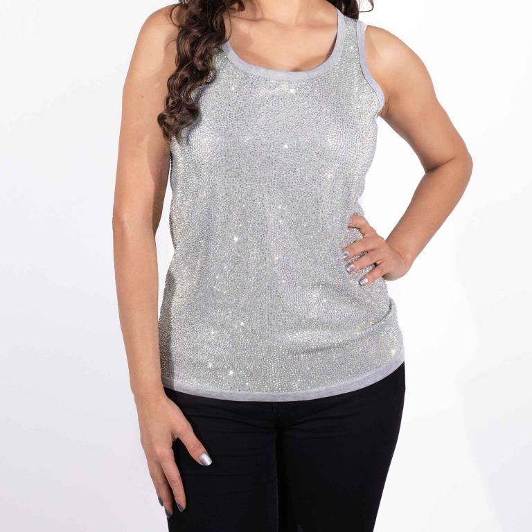Silver&#x20;tank&#x20;top&#x20;covered&#x20;in&#x20;glass&#x20;rhinestones&#x20;with&#x20;a&#x20;straight-fit&#x20;design&#x20;and&#x20;a&#x20;smooth&#x20;soft&#x20;cotton&#x20;blend&#x20;texture.
