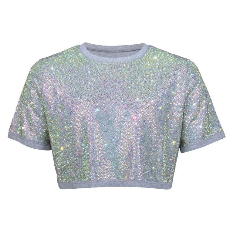 Iridescent crop top with short sleeves covered in rhinestones featuring a gray ribbed neckline and hem.