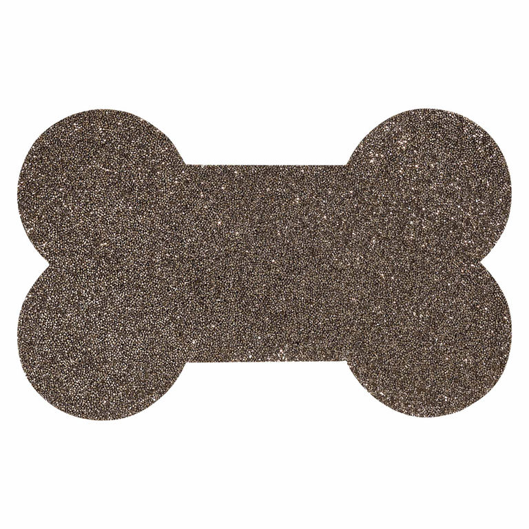 Charcoal dog bone-shaped placemat with a non-slip rhinestone-studded surface and a textured finish.
