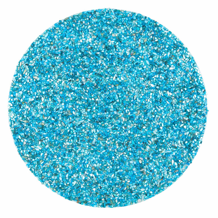 Aqua circular placemat with textured surface made of small seashells embedded in resin.