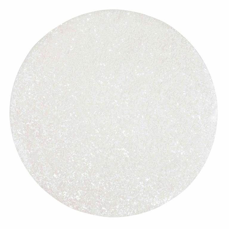 Round placemat with clear glass beads and a textured resin backing featuring a shimmering iridescent surface.