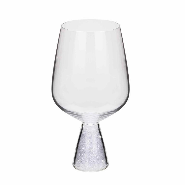 Clear stemless wine glass with a conical base filled with shimmering glass rhinestones.