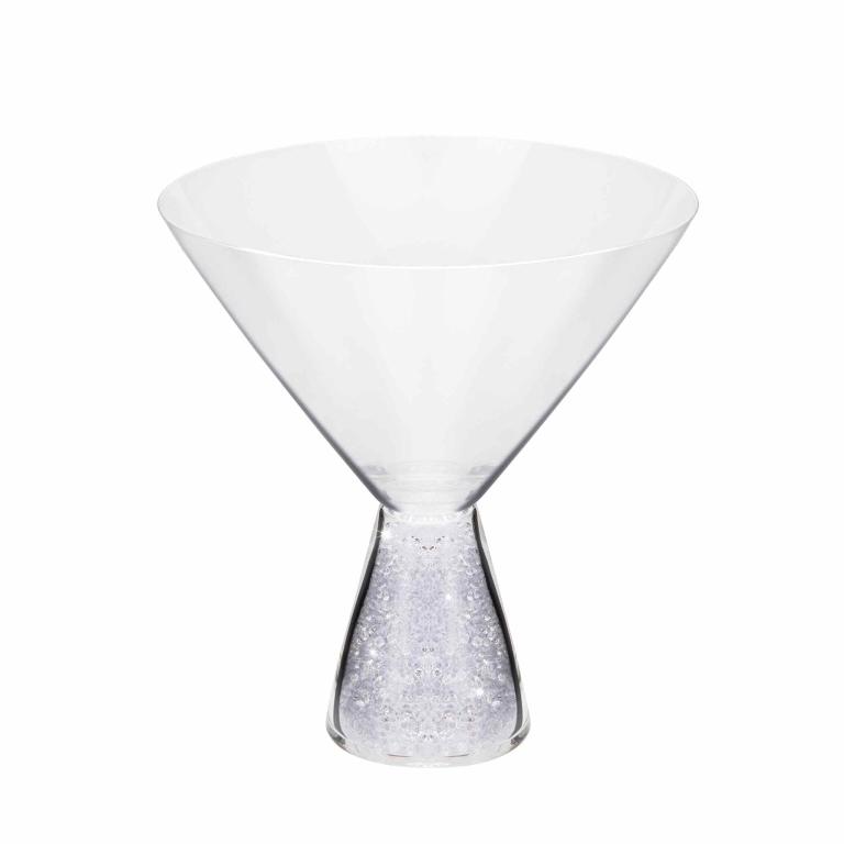Stemless martini glass with a clear bowl and a textured glittering base in translucent crystal.