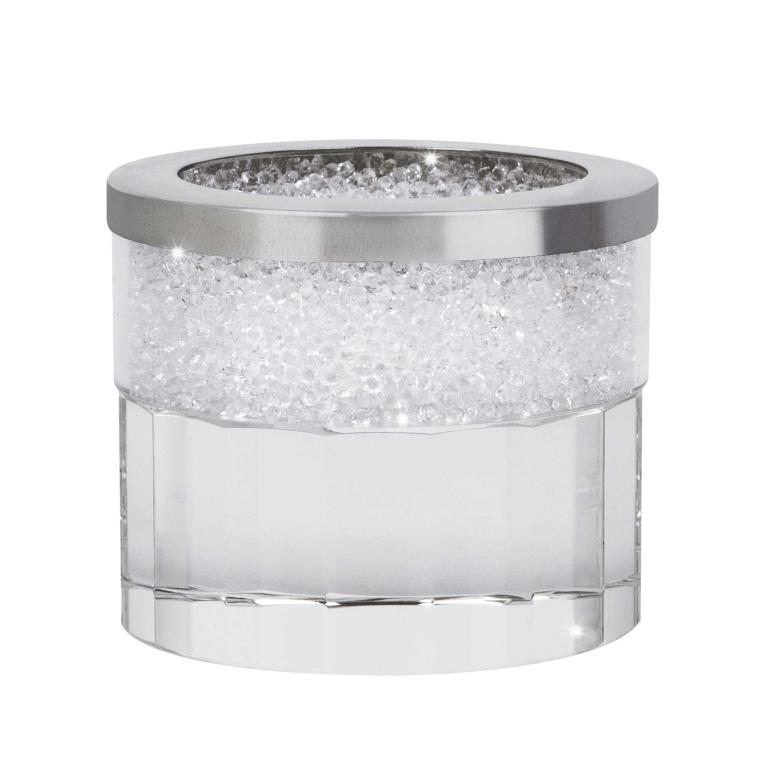 Clear&#x20;lead-free&#x20;crystal&#x20;tealight&#x20;holder&#x20;with&#x20;a&#x20;silver&#x20;top&#x20;and&#x20;textured&#x20;clear&#x20;crystal&#x20;embellishments&#x20;2.75&#x20;inches&#x20;tall&#x20;and&#x20;wide.