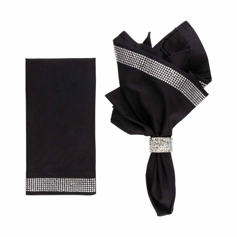 Black napkin set with a crystal rhinestone band featuring a smooth texture and a folded design on one napkin.