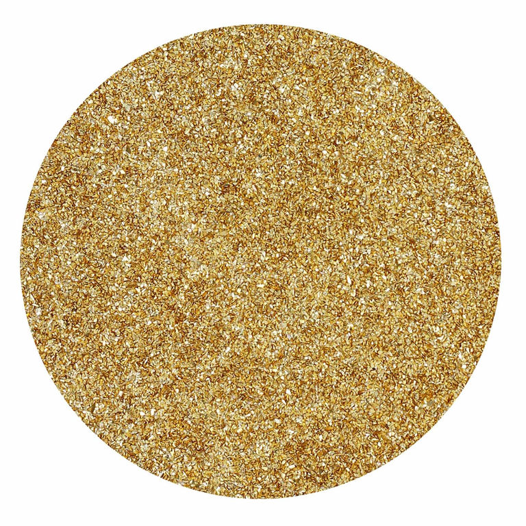 Round placemat featuring a textured gold glitter surface with a shimmering appearance.