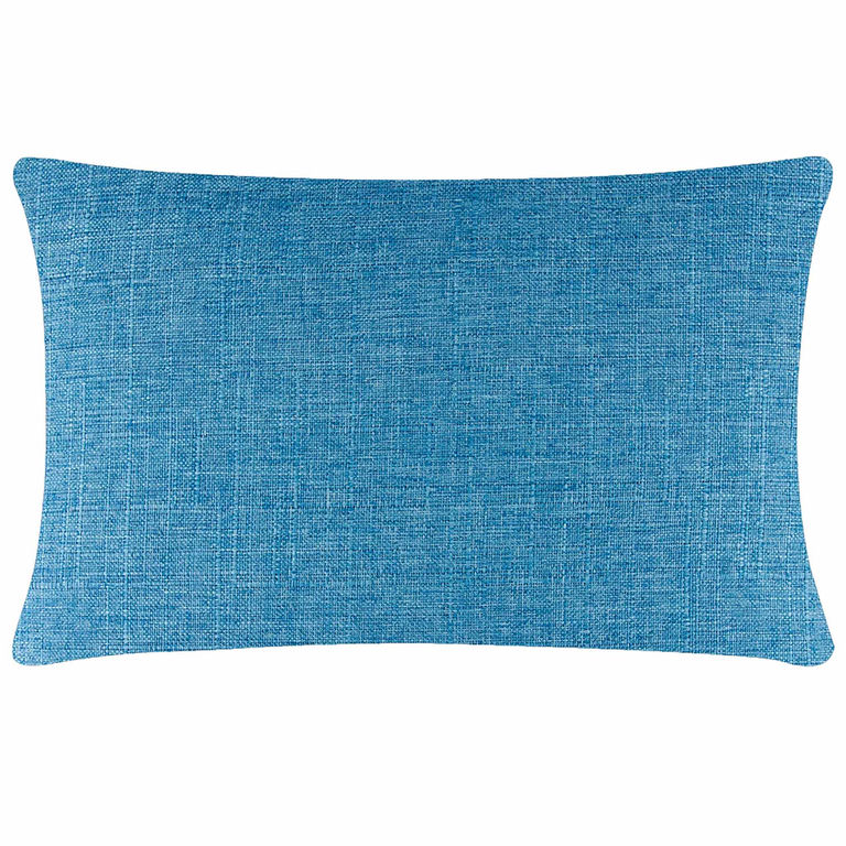 Aqua woven pillow with a textured surface rectangular shape and rounded corners featuring a concealed metal zipper.
