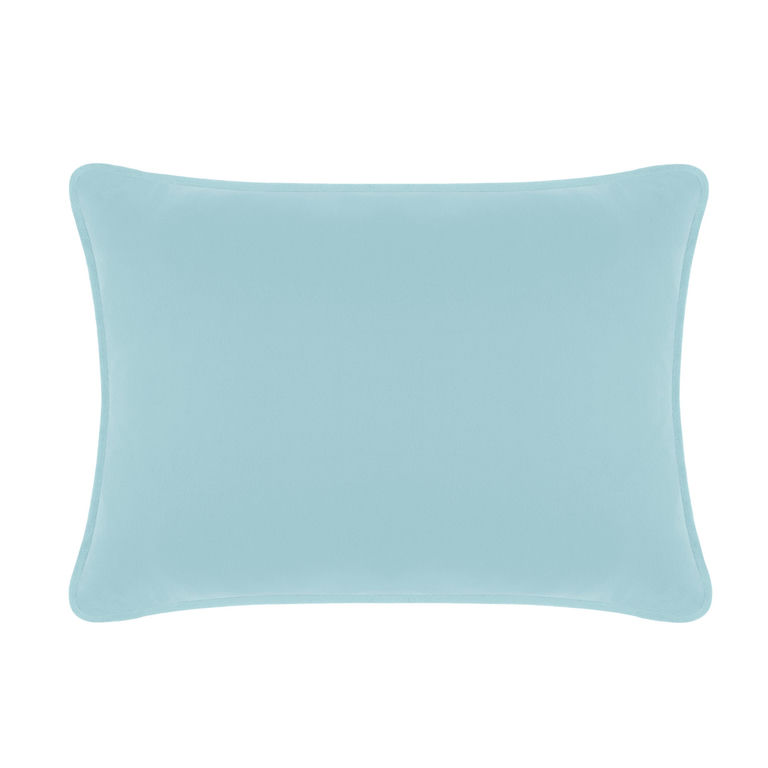 Aqua velvet rectangular pillow with rounded edges and a smooth texture.
