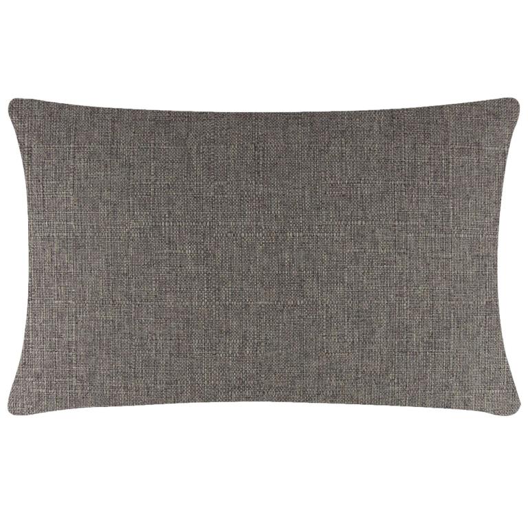 Rectangular pillow with a textured brown woven fabric and rounded corners featuring a metal zipper on one side.