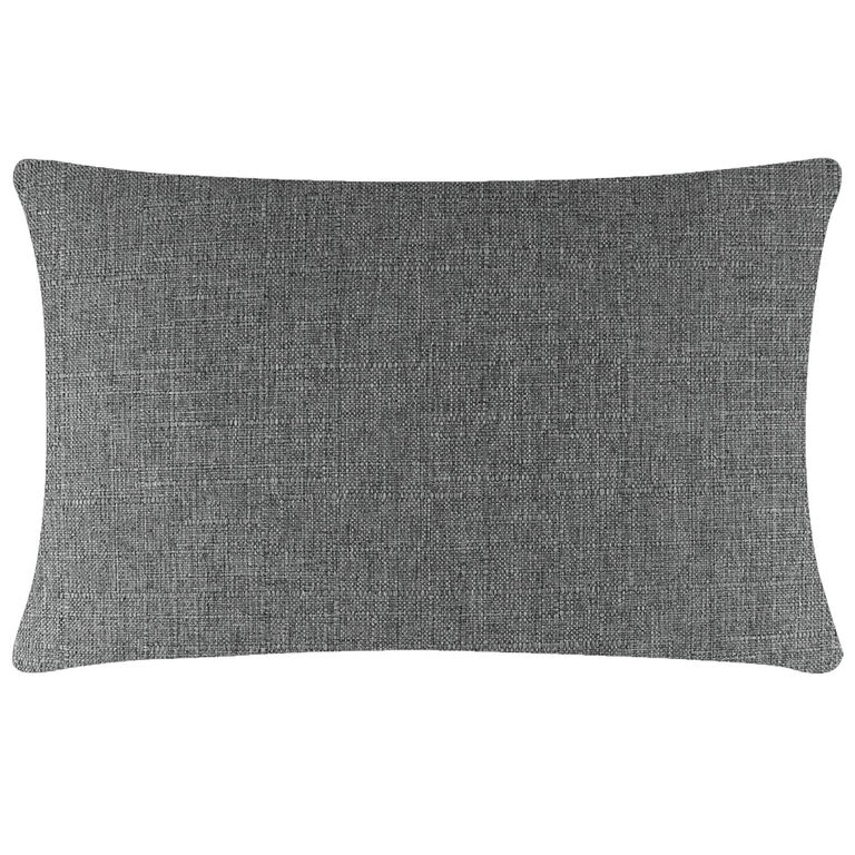 Rectangular gray woven pillow with a textured fabric and rounded edges featuring a concealed metal zipper.