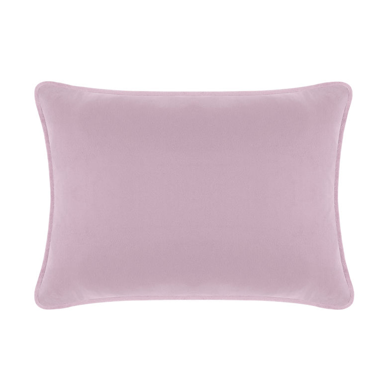 Lavender velvet pillow rectangular shape smooth texture with a subtle sheen and rounded edges.