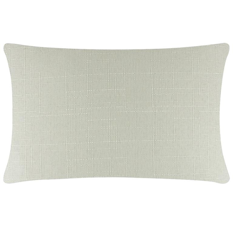 Rectangular pillow in light green linen with a textured woven pattern and rounded corners featuring a metal zipper.