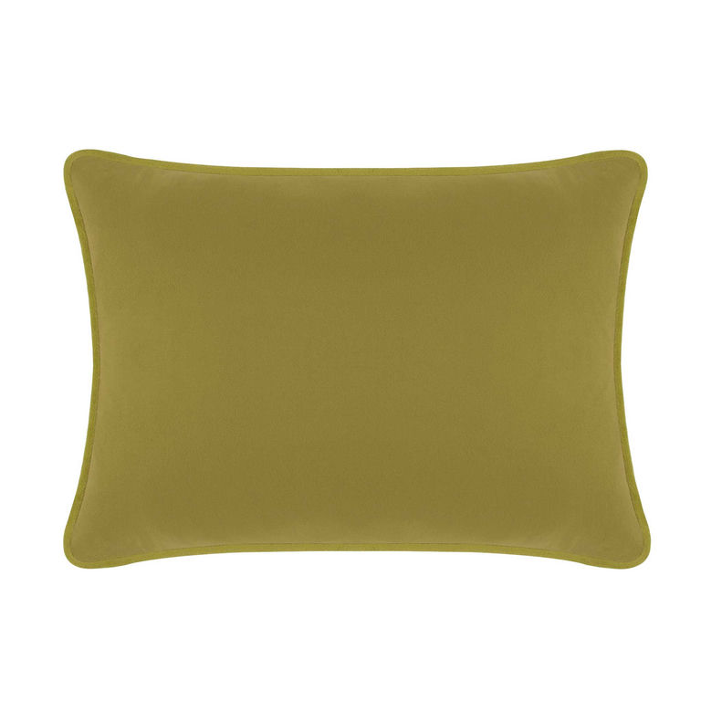 Olive&#x20;green&#x20;velvet&#x20;pillow&#x20;with&#x20;a&#x20;smooth&#x20;texture&#x20;and&#x20;rounded&#x20;edges&#x20;measuring&#x20;14x20&#x20;inches.