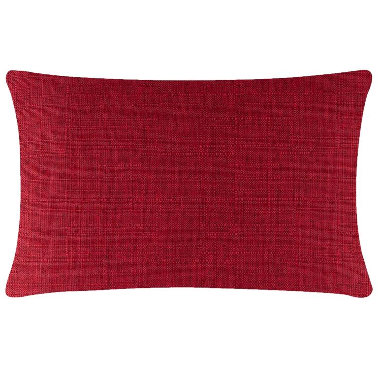 Rectangular pillow in a textured deep red fabric with a smooth edge and a metal zipper on one side.