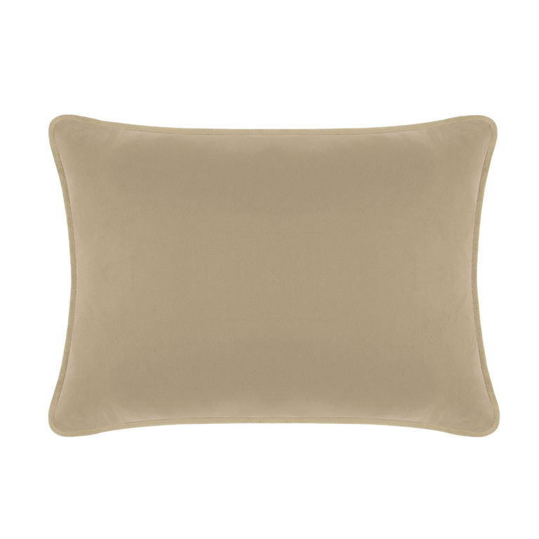Taupe velvet rectangular pillow with rounded edges and a smooth texture.