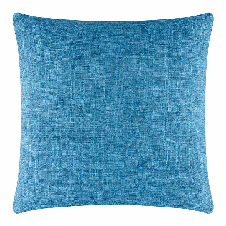 Square pillow in aqua with a woven texture and a smooth finish featuring rounded corners and a concealed metal zipper.
